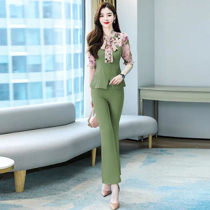 세련된 여성용 투피스 세트 여름 가을 플러스 사이즈 슬리밍 벨보텀 팬츠 여신 스타일 앙상블