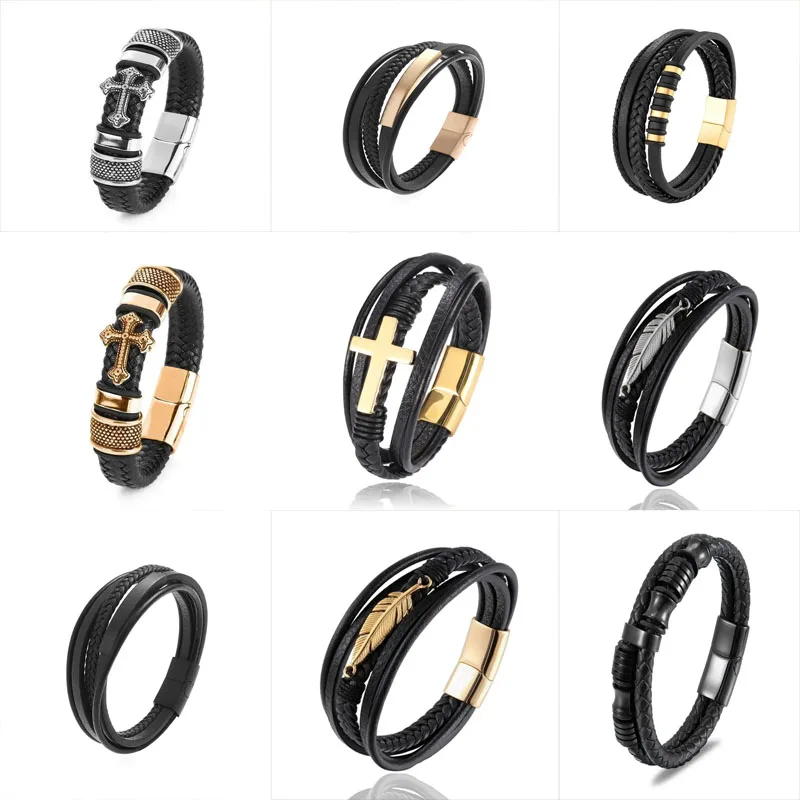 Ancient Egyptian Ankh Symbol of Life Cross Leather Bracelet Braided Leather Bangles Magnetic Buckle Amulet Jewelry for Men