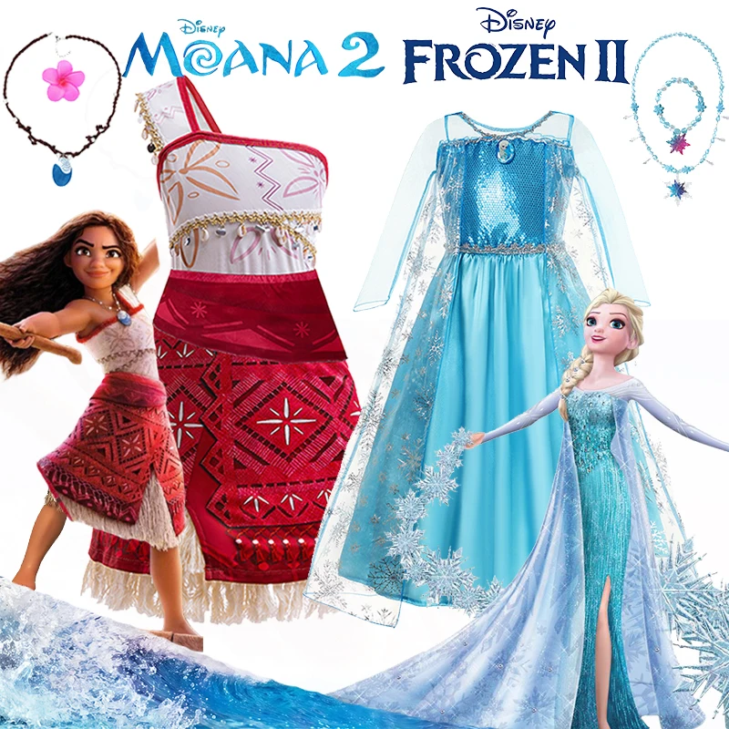 Disney Moana 2 & Frozen 2 Cosplay Costumes for Girls Vaiana & Elsa Princess Snow Queen Dresses Christmas Party Costume Ball Gown