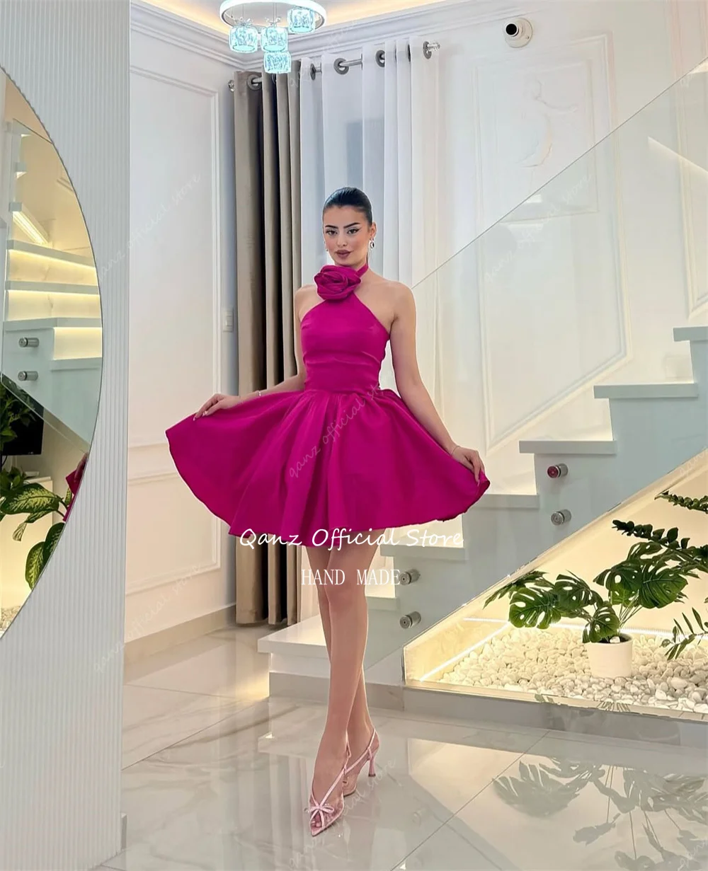 

Qanz Fuchsia Mini Prom Dresses Halter Neck Satin Graduation Dress Sexy Short A Line Backless Party Evening Dresses Customized