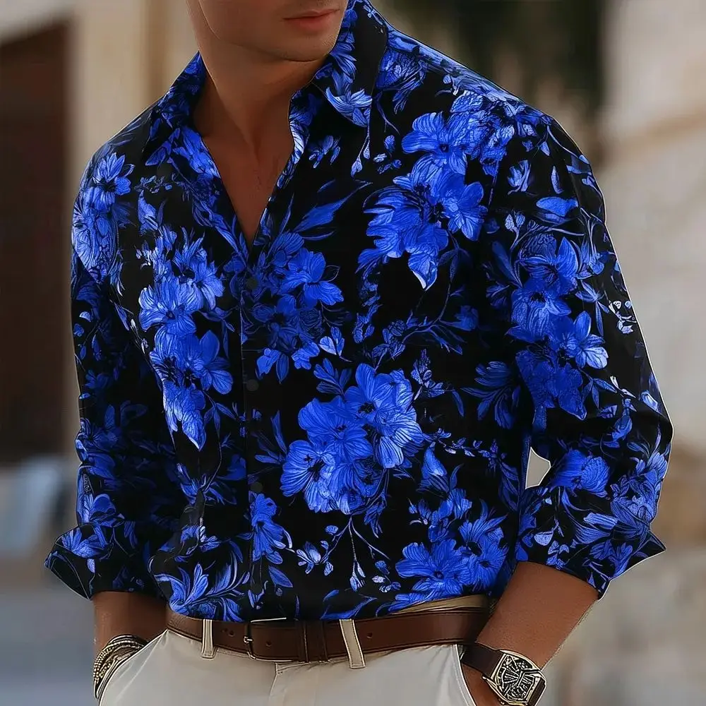 Men's Floral Print Neon Flowers Button up Shirt Casual Thickened Fleece Autumn  Neck Nine Sleeve Length Special Wide