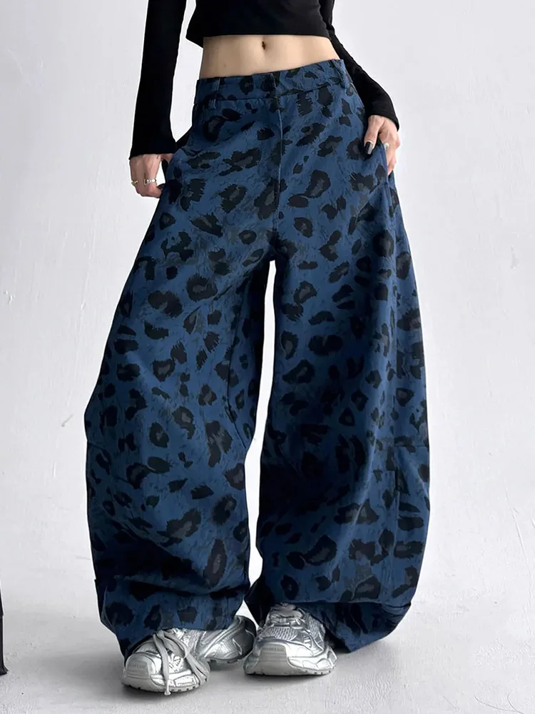 American Y2K Blue Leopard Jeans Women Vintage Casual High Waist Loose Denim Pants Harajuku Hip Hop Retro Bf Spring Trousers New