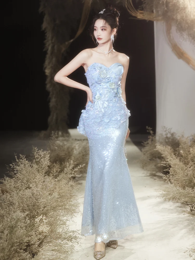 

Ele Blue Strapl Evening Gown Women's Birthday Adult Ceremony High-End Luxury mat Host Faionable Floral Mid...