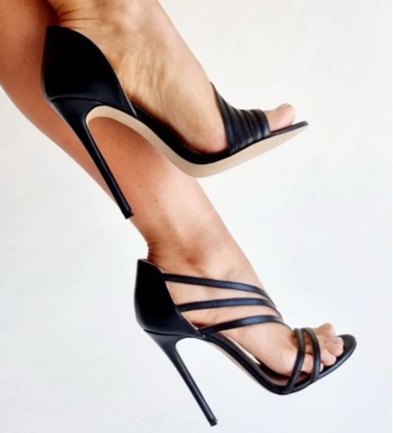 Black Strappy Sandals Side Cutouts Open Toe Thin Heels Summer Shoes Hollow Cross Strap Banquet Runway Shoes Plus Size46