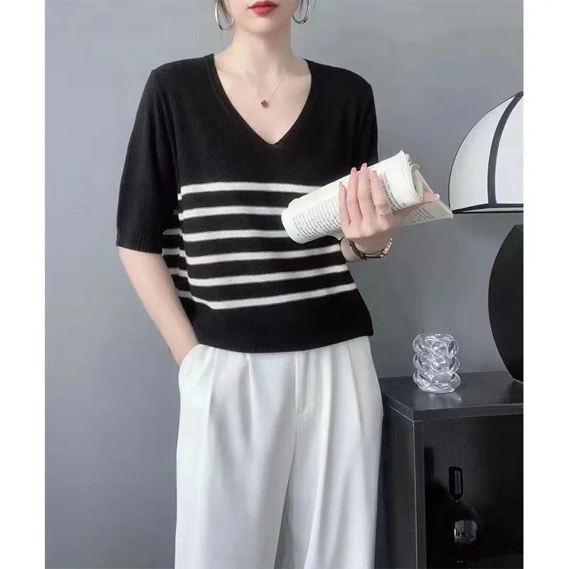 2024 New Summer Short Sleeve Striped pure cotton Short Sleeve Striped T-Shirts Women Knitted Casual Tops Female Cotton Tee Shirt