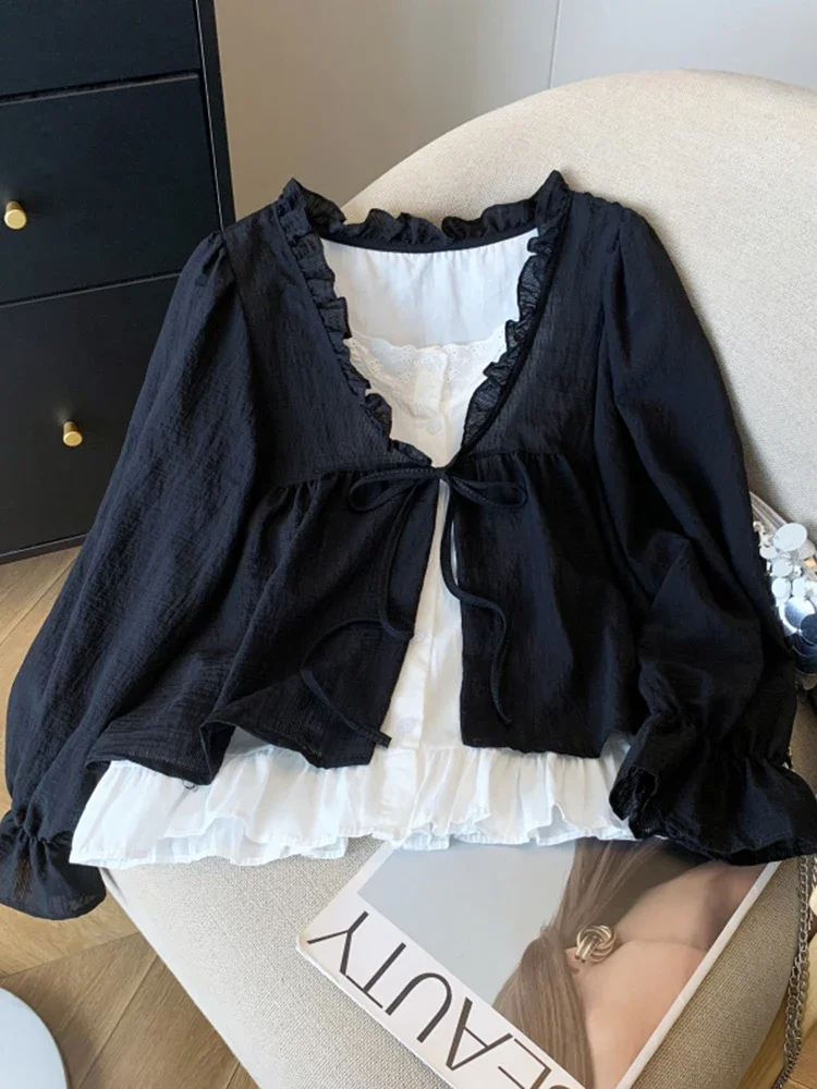 Korean Casual Sweet Fungus Lace Collar Women's Shirt Top Autumn New Women Fashion Fake Two-Piece Lace Up Long Sleeved Shirt