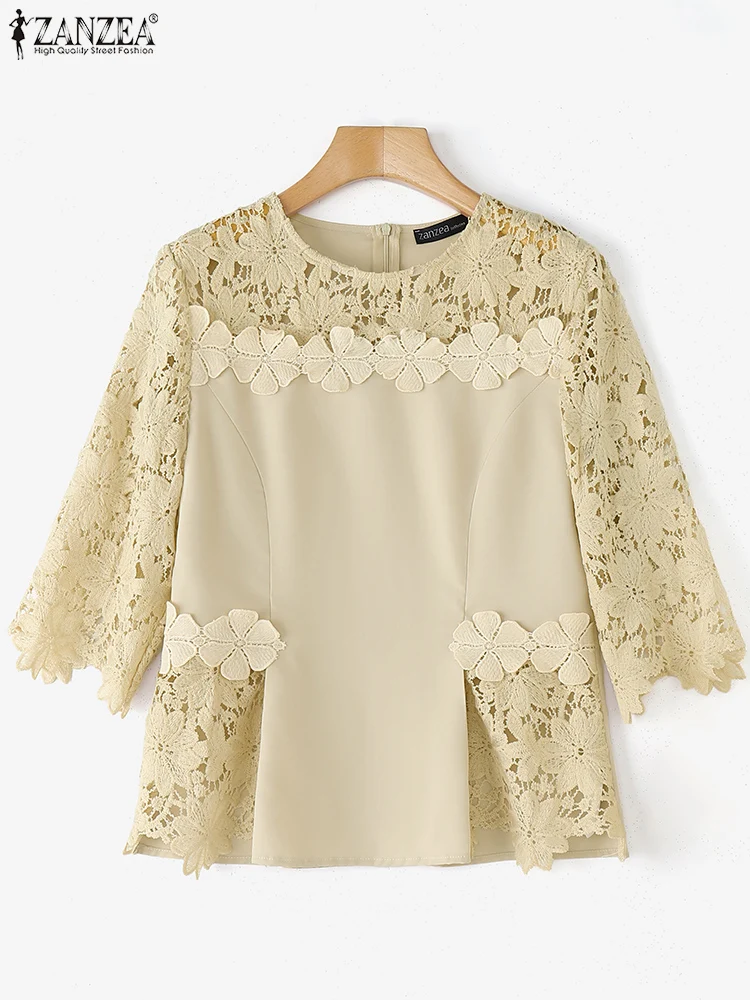 

Vintage Lace Blouses Summer Tops Women Tunic ZANZEA 2025 Casual 3/4 Sleeve Patchwork Blusas Flare Sleeve Pullovers Oversized
