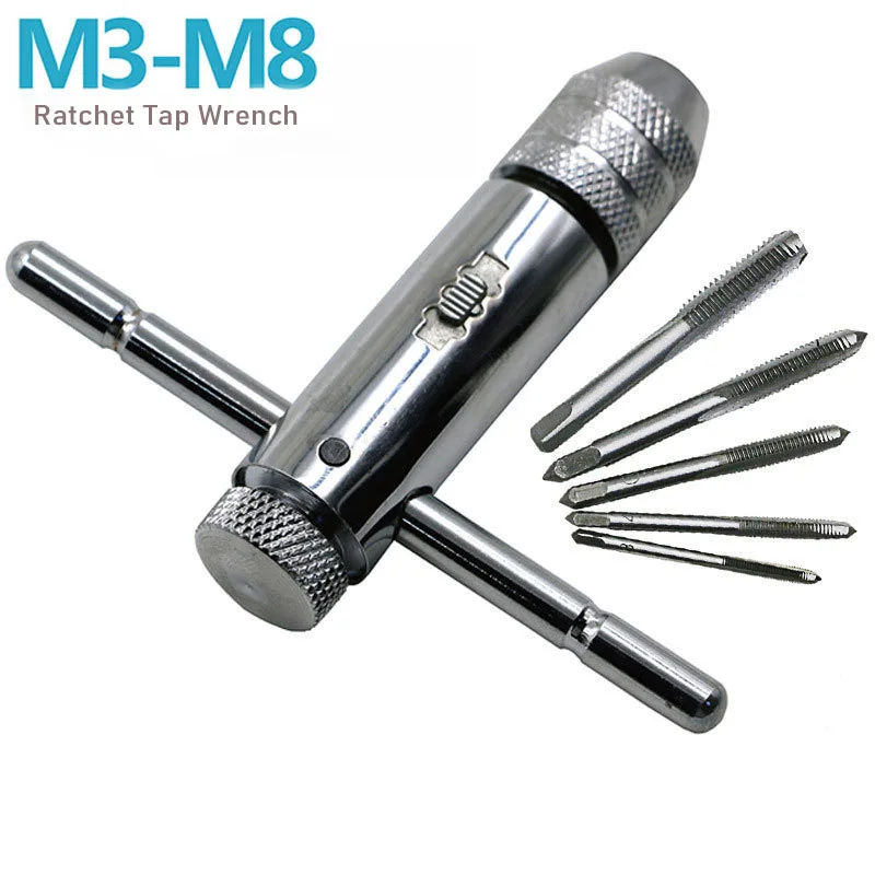 

M3-M8 T Handle Ratchet Tap Drill Holder Wrench Adjustable With 5pcs Screw Thread Metric Plug T-shaped Mechanical Workshop Tools