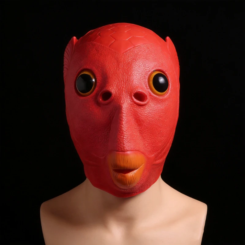 Funny Cosplay Mask for Halloween Adult Party Fish Head Mask Headdress for Makeup Party Green Head Fish Hood Animal Latex