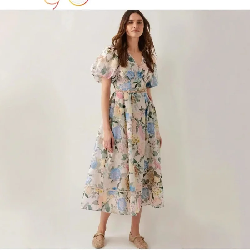 

Printed Dress Style 2025 Summer Beach Vacation Puff Sleeve Short Sleeve Patchwork Flared Long Dress Trend
