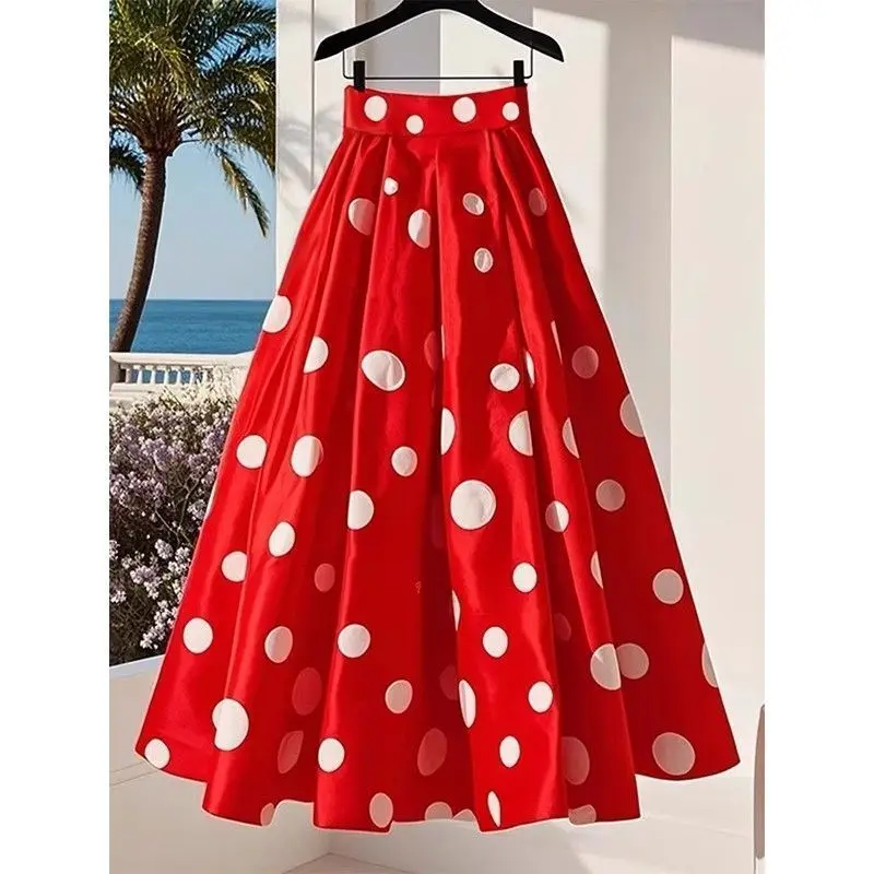 

Fashion Printed Polka Dot Pleated A-Line Skirts Female Clothing 2025 Summer New Loose Sweet Elastic High Waist Skirts