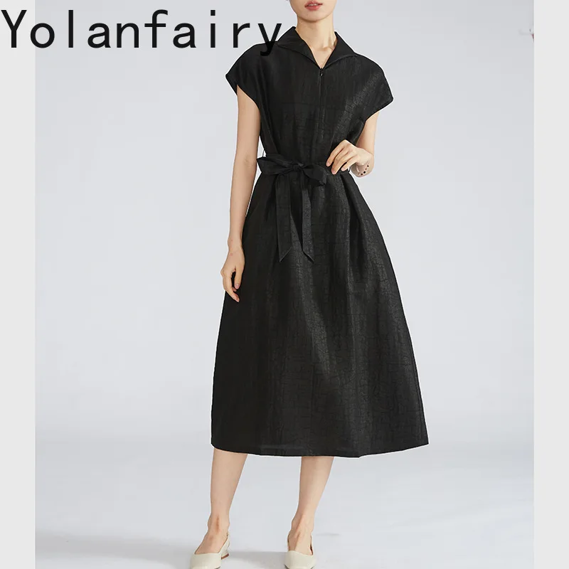 YOLANFAIRY Luxury 100% Natural Mulberry Silk Dress Summer 2026 Woman Xiangyunsha Midi Black Dress Lapel Elegant Lace-up Dresses