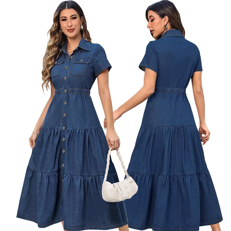 

Women's 2025 new casual and fashionable denim lapel, short sleeve, cinched waist, large swing skirt, cardigan, long dress