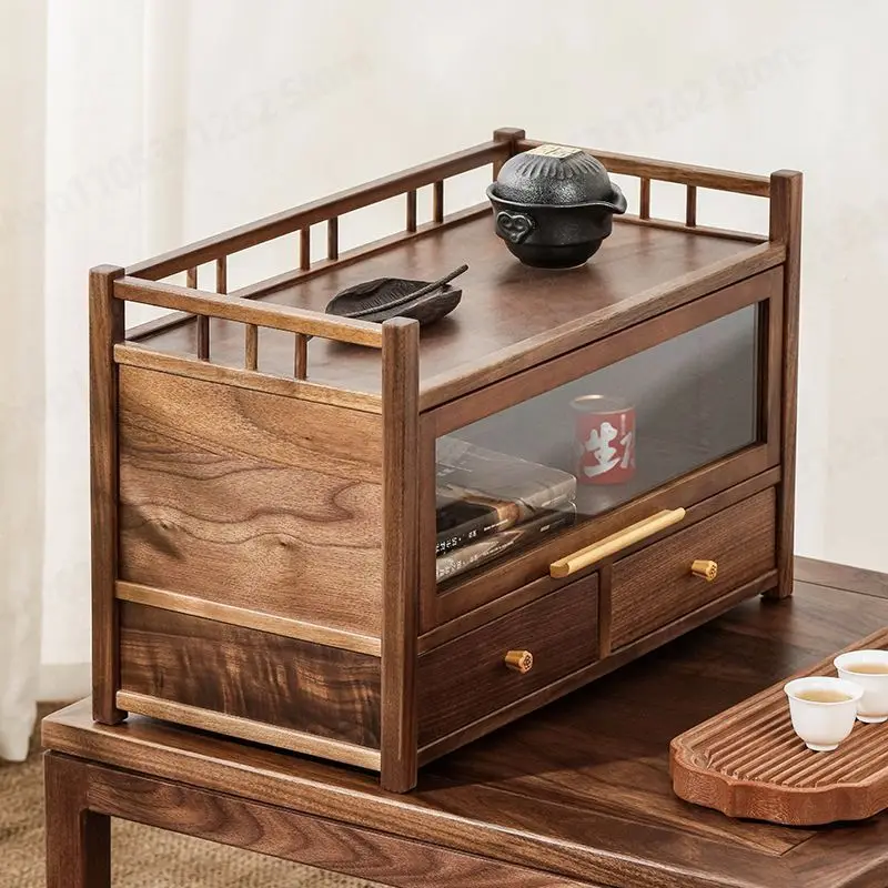 Solid Wood Desk Organizer with Drawers, Display Shelf for Teapot Tea Set, New Chinese Style Collectible Cabinet
