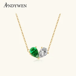 ANDYWEN 925 Sterling Silver Gold Clear Green Overlap Heart Leaves Pendant Necklace Long Chain 2024 Silver Women Wedding Gift