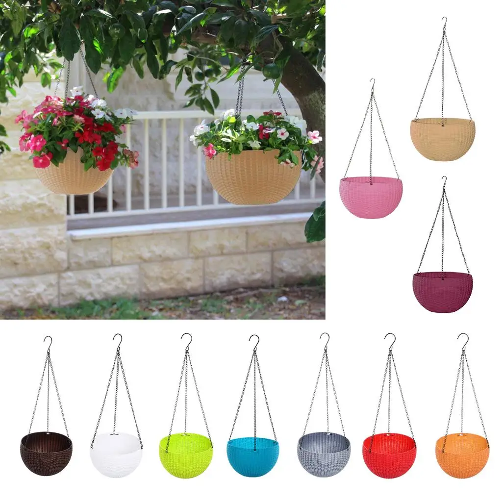 سلة سلسلة بلاستيكية مستديرة معلقة زارع معلق الزهور والنباتات، وعاء ديكور زارع معلق مع علبة سقي