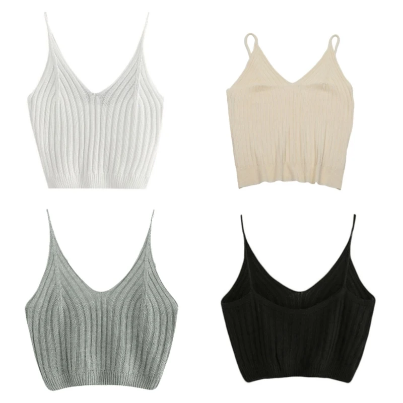 Womens Basic Sleeveless V Neck Crop Top Solid Color Ribbed Knitted Bodycon Slim Camisole Summer Sling Vest Streetwear