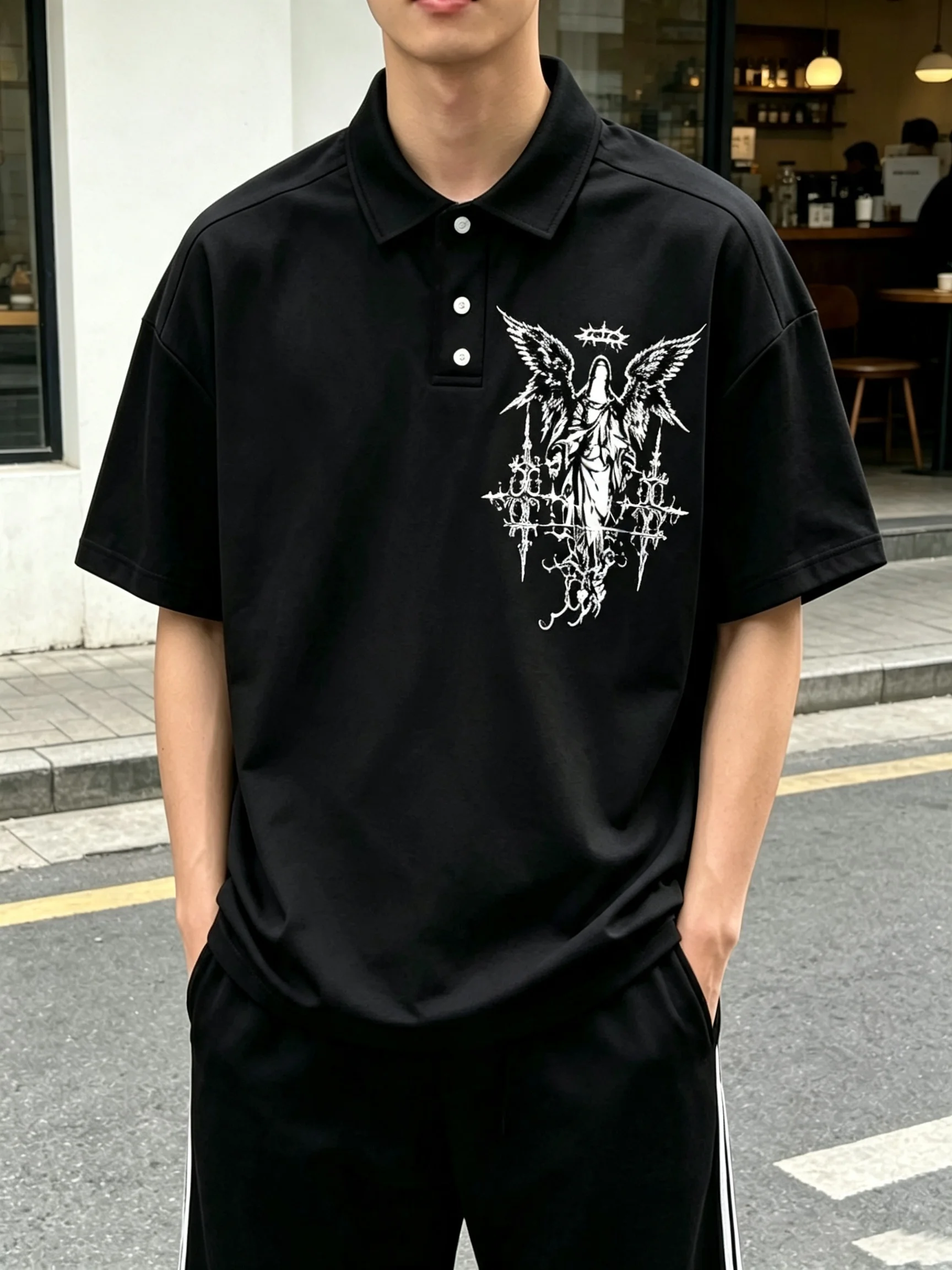 Men's Cool Basic Y2K Style Polo Shirt with A White Ink-wash Print of The Virgin Mary and Angels Surrounded By Thorns The Chest.