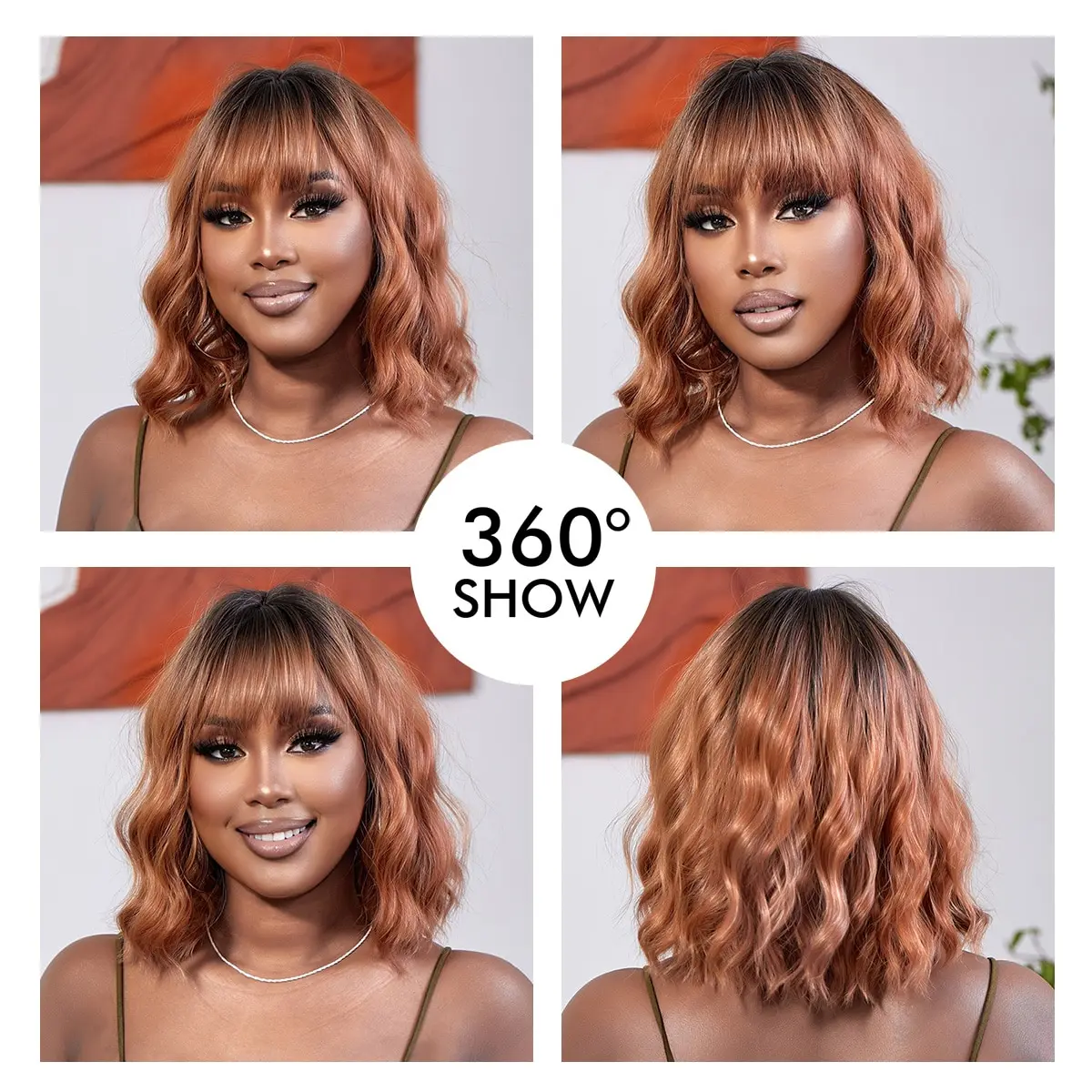 14-calowe krótkie syntetyczne peruki Bob Curly Wave Ombre Copper Blonde Color Hair Wigs With Bangs Replacement Wig For Women Daily Party