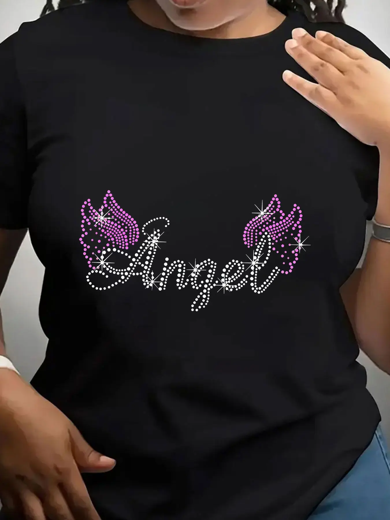 Women's Trendy Crew Neck T-Shirt Pink Angel Wings Rhinestone Print Suitable for Casual Sportswear