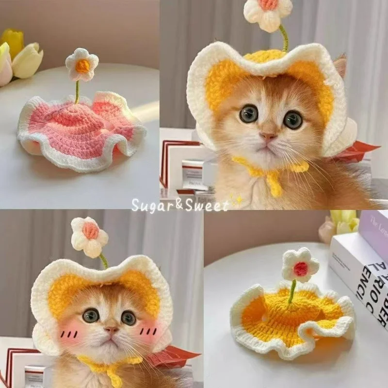 Neuer süßer Blumen-Katzenhut, handgestrickte Katzen-Kopfbedeckung, Hundekostüm-Zubehör für britische Kurzhaar-Kätzchen