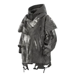 Unisex High Street Functional Cargo Jacket Techwear Fake two-piece Tactical Windbreaker Coats Streetwear Men's clothing Oversize