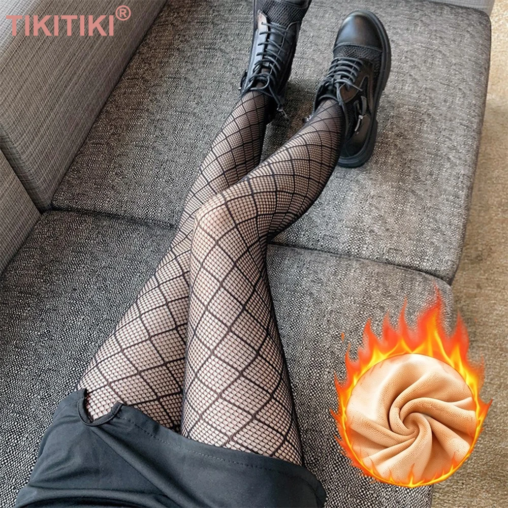 Fleece Lined Tights For Women Winter Mesh Fishnet Stockings Warm Fake Translucent Warm Pantyhose Leggings Thermal Thick Tights