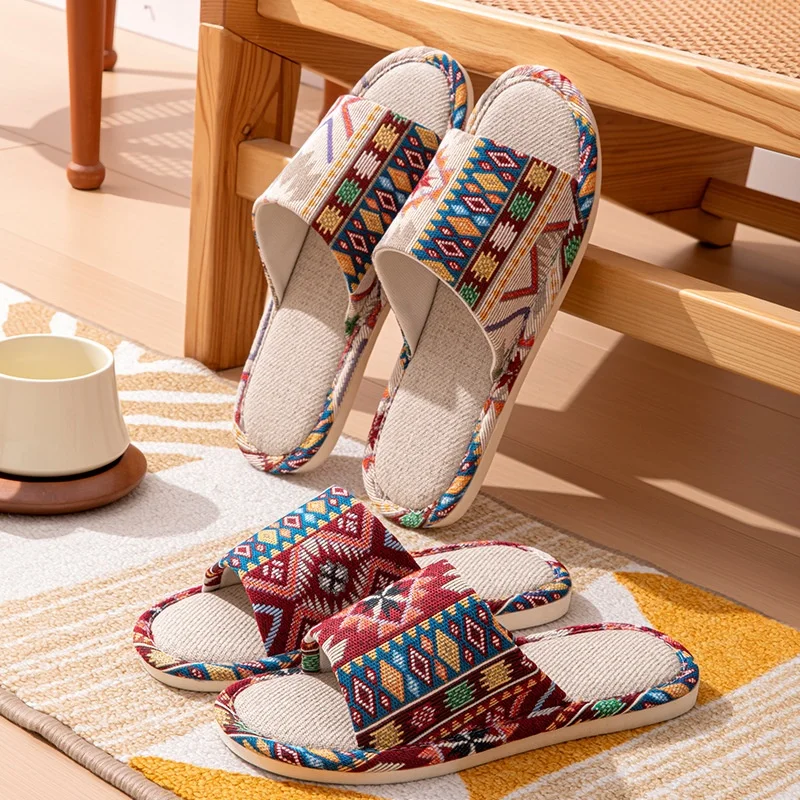 Ethnic Style Linen Flip Flops For Women Men Anti-Slip Casual Couple Slippers Retro Color Block Open Toe Sandals For Home Beach image 3