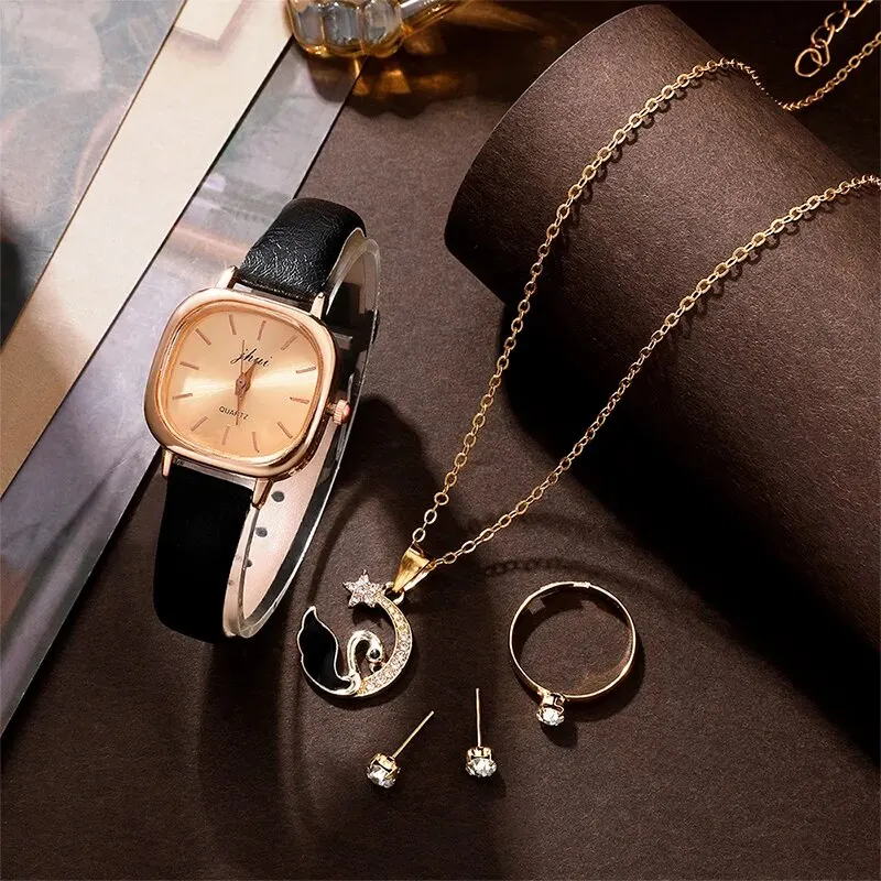 5pcs Luxury Watch Women Ring Necklace Earrings Bracelet Set Watches Leather Strap Ladies Quartz WristWatch Gift Montre Femme