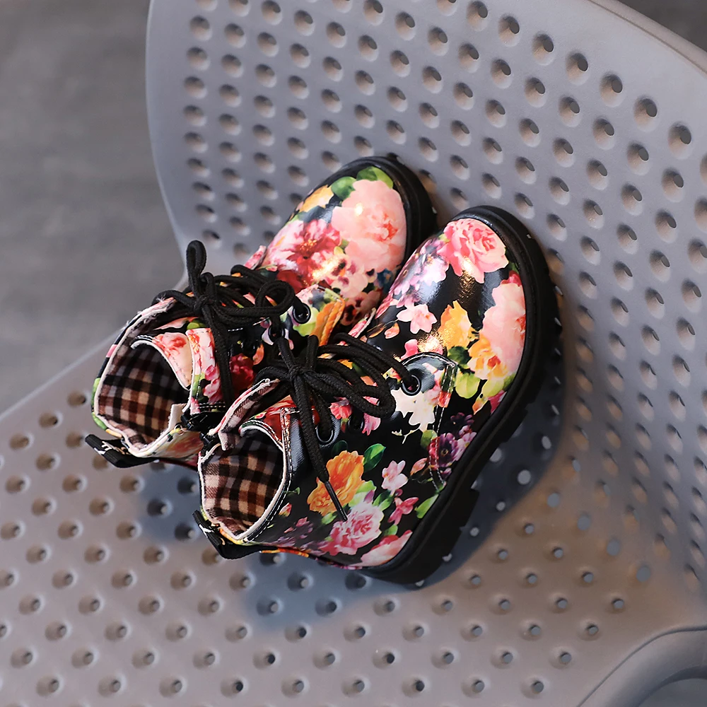 COMFY KIDS Toddler Black Floral Side Zipper Ankle Boots Soft Non Slip Rubber Sole Kids Leather Shoes