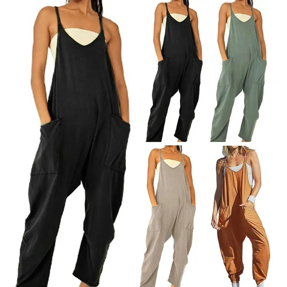 

Women Jumpsuit Low Cut V Neck Straps Wide Butt Lady Jumpsuit Sleeveless Deep Crotch Summer Jumpsuit Baggy Pants Rompers 80%