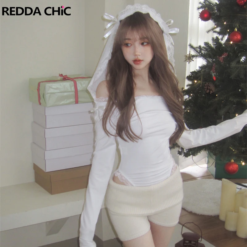 ReddaChic Retro Y2k Hooded Bodysuit Women High Cut Plain White Bow Lace Trim Off-shoulder Long Sleeves Top Korean Streetwear