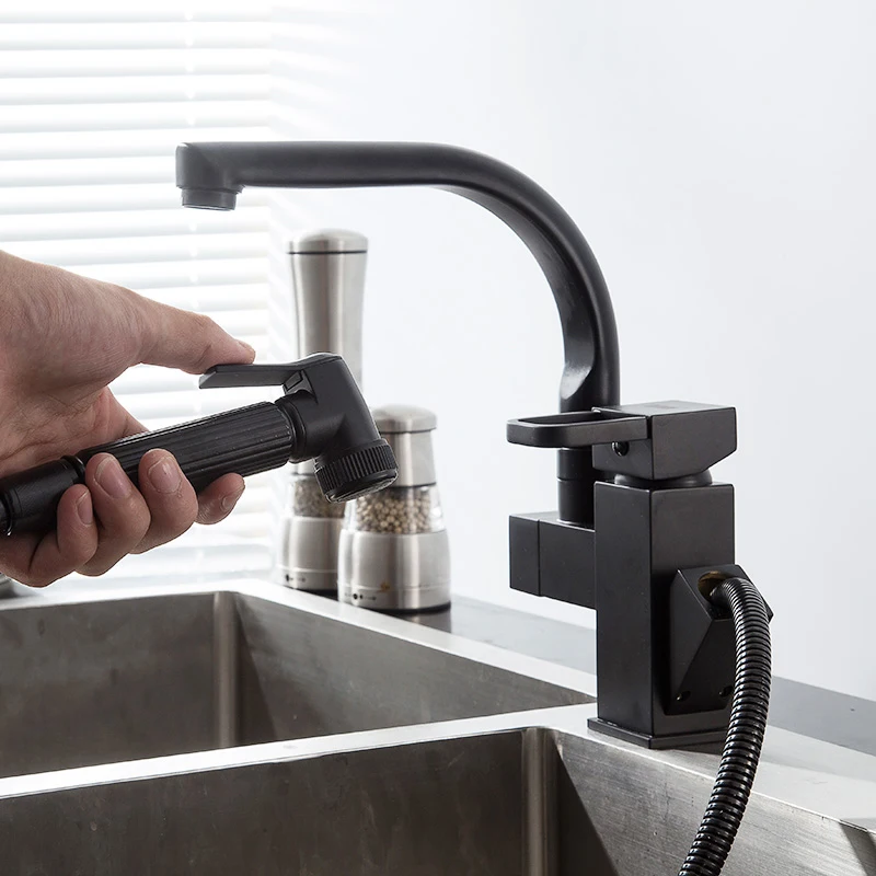 Kitchen Faucet Pull Out Sprayer Single Handle Basin Sink Tap Deck Mounted 360 Degree Rotation Spout Cold and New Water Mixer Tap