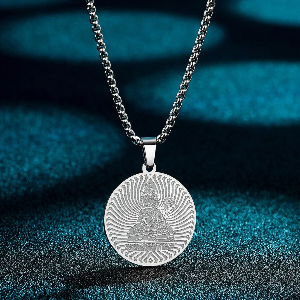 Round Stainless Steel Guanyin Buddha Pendant Charming Men's Necklace Fashion Religious Buddhist Accessorie Jewelry Gift Dropship