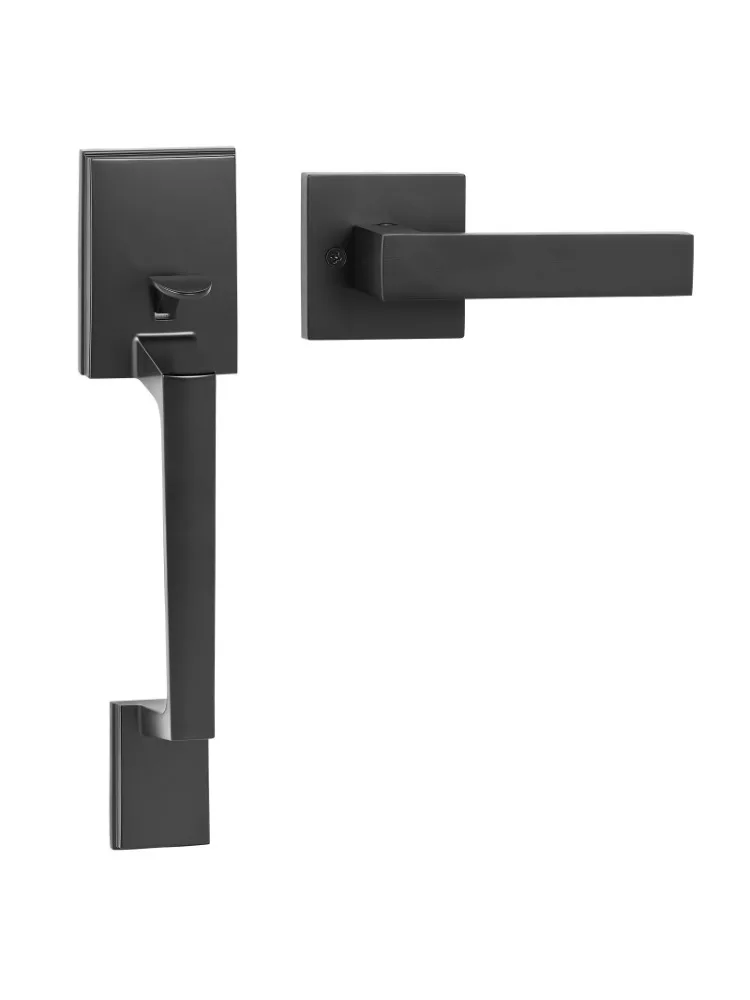 Front door handle, matt black square handle set, with lever door handle, no lock, adjustable hole spacing, entry door handle