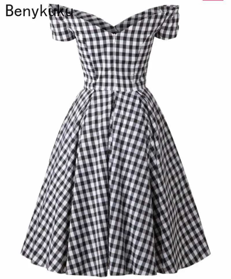 England Style Off Shoulder Black Plaid Dress Retro Vintage 50s Rockabilly Pin Up Casual Party Dresses Plus Size Odzież damska