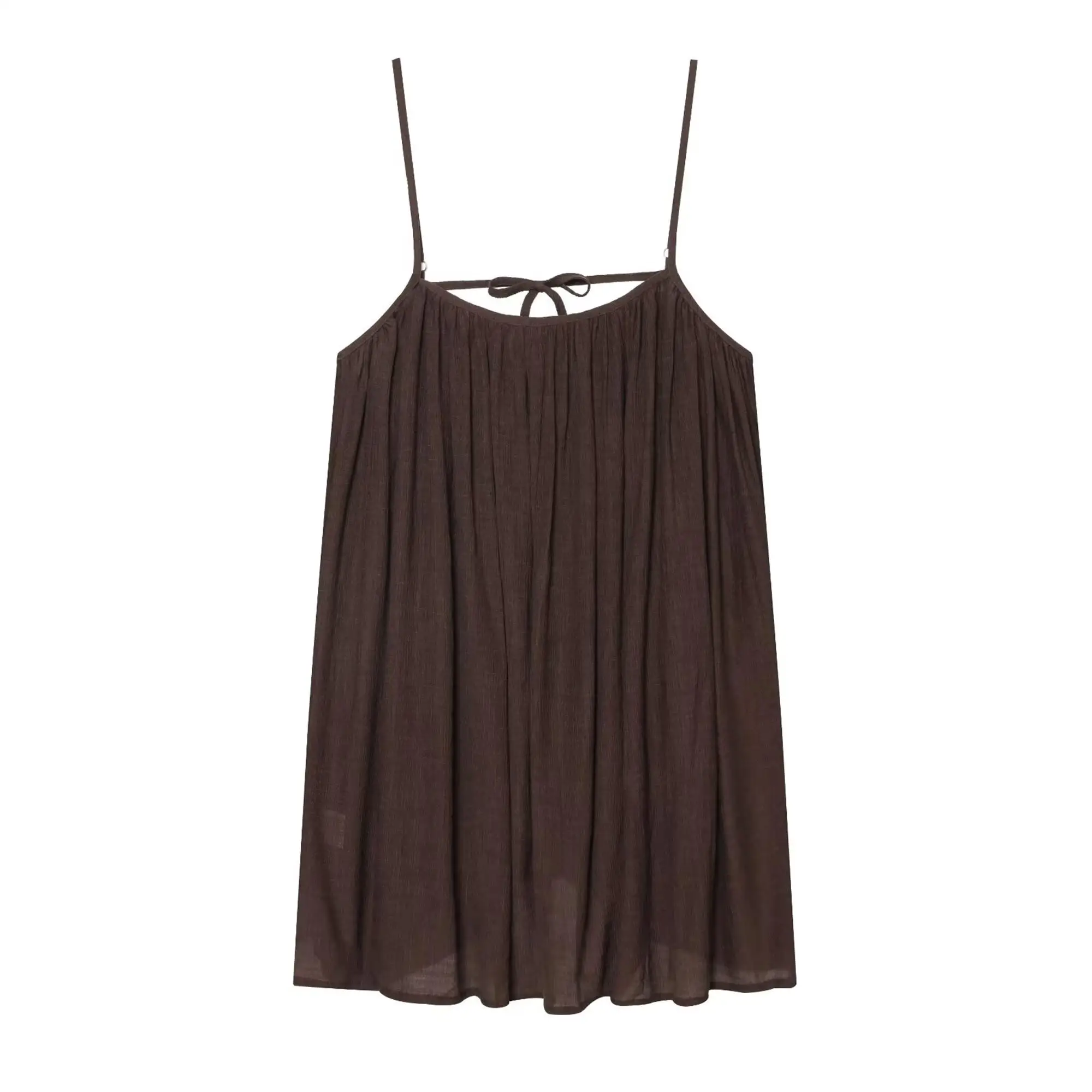 TFMLN Women Round Neck Pleated Sling Dresses Summer New Sleeveless Loose Fit Backless Solid Dress Fashion Holiday Casual Clothes