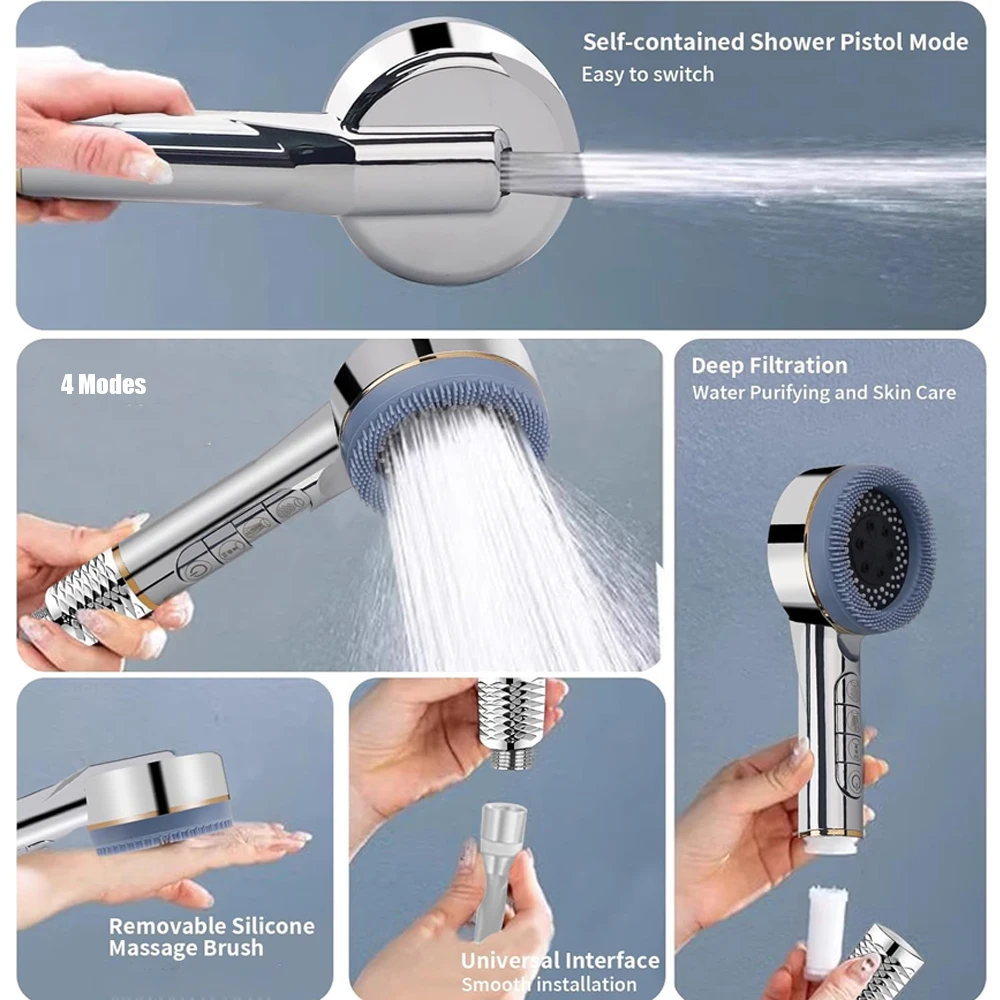 4 Mode High Pressure Pressurized  Water Shower Head Massage Showerhead with Filter Handheld Shower Mixer Bathroom Accessories