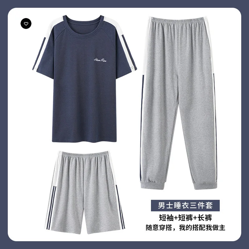 Korean Fashion Cotton Short Sleeved Men's Pajamas Sets Shorts Male 3Pcs/set Pjs Letter Pajama Men Sleepwear Suit Homewear 4XL