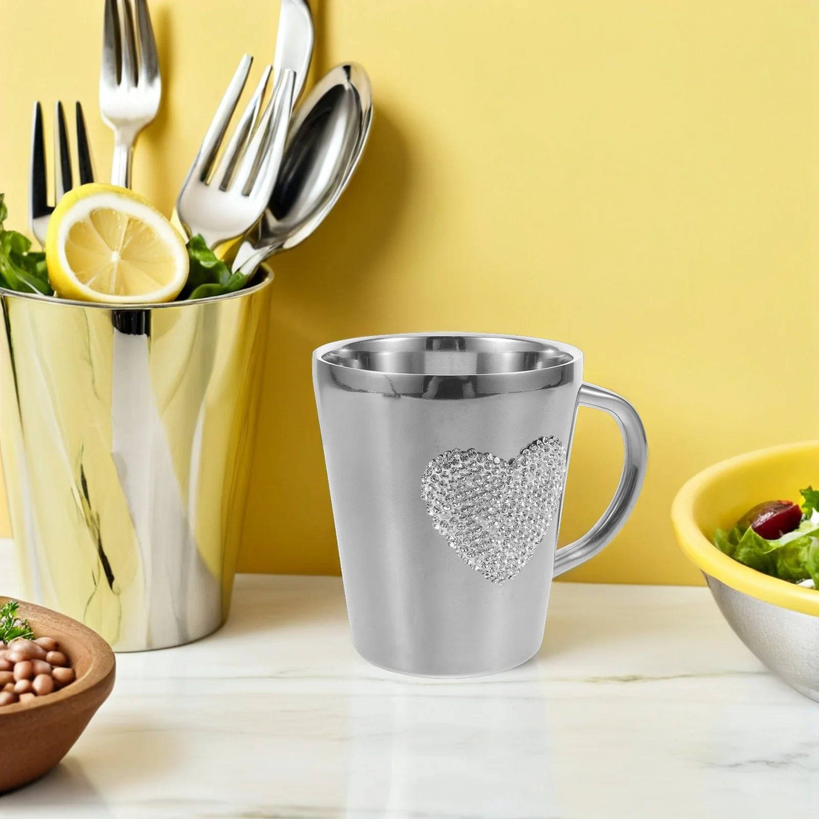 

Rhinestone Heart Mug Stainless Steel Love Water Cup Sparkly Coffee Tumbler For Valentine’S Day Christmas Gift - Portable