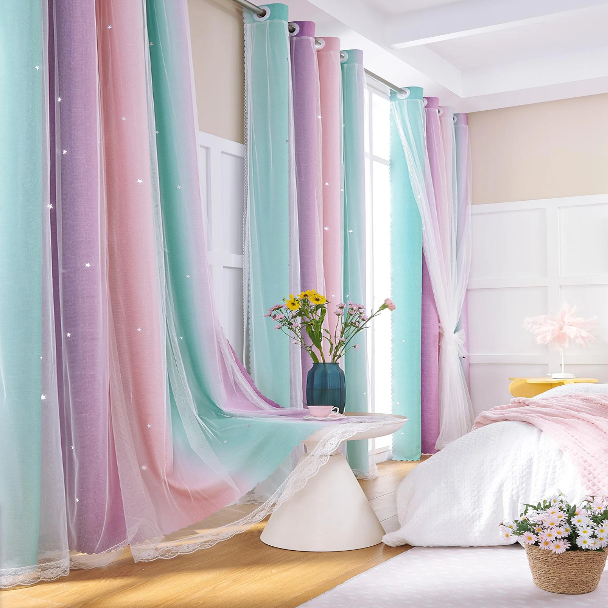 

1pc Girls Room Blackout Curtain For Bedroom Decor Rainbow Curtain For Children's RoomIns Style Romantic Princess Lace Curtain