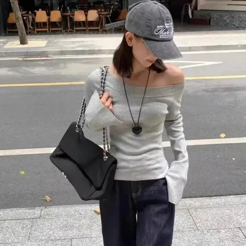 

Sexy Pullovers Women Off Shoulder Cropped Knitted Basic Clothes Autumn All-match Side Slit Simple Vintage Slim Long Sleeve Top