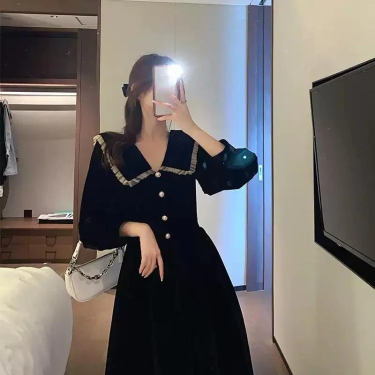 Sweet Vintage Black Peter Pan Collar Dresses Autumn New Slim Waist Dress for Women Y2k E-Girl Long Sleeve Vestidos Mujer