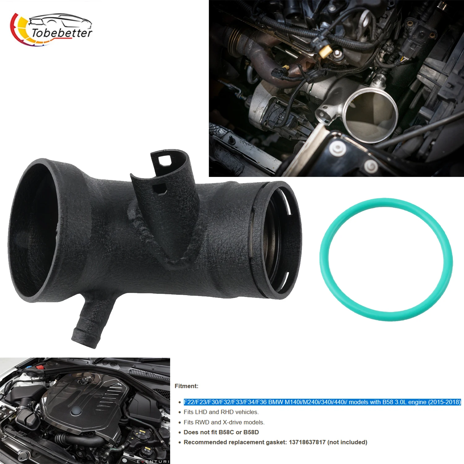 B58 GEN1 turbo inlet pipe aluminum for BMW M140i/M240i/340i/440i/ models F22/F23/F30/F32/F33/F34/F36 3.0L engine 2015-2018