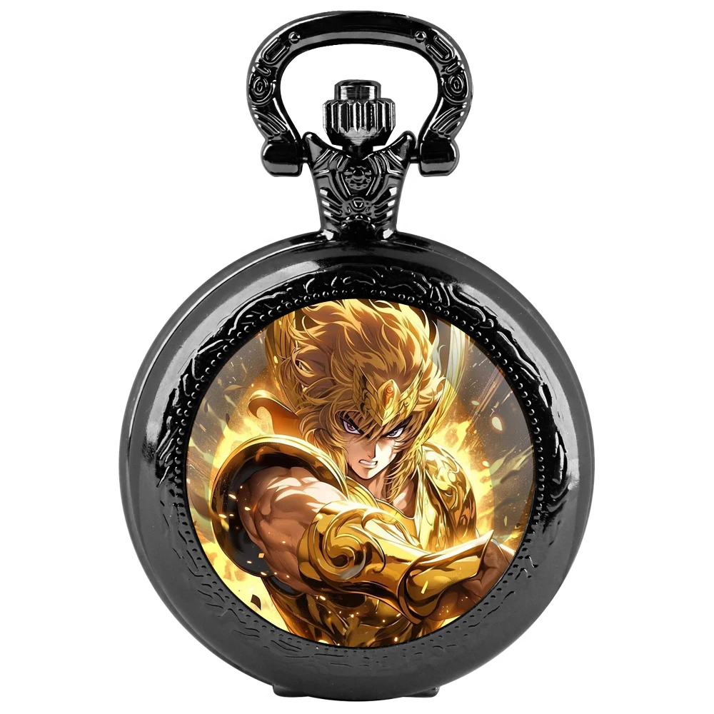 ساعة جيب كوارتز سوداء على شكل قبة زجاجية من Golden Zodiac Saint مع قرص أرقام عربية وسلسلة متينة هدية ريترو للرجال والنساء