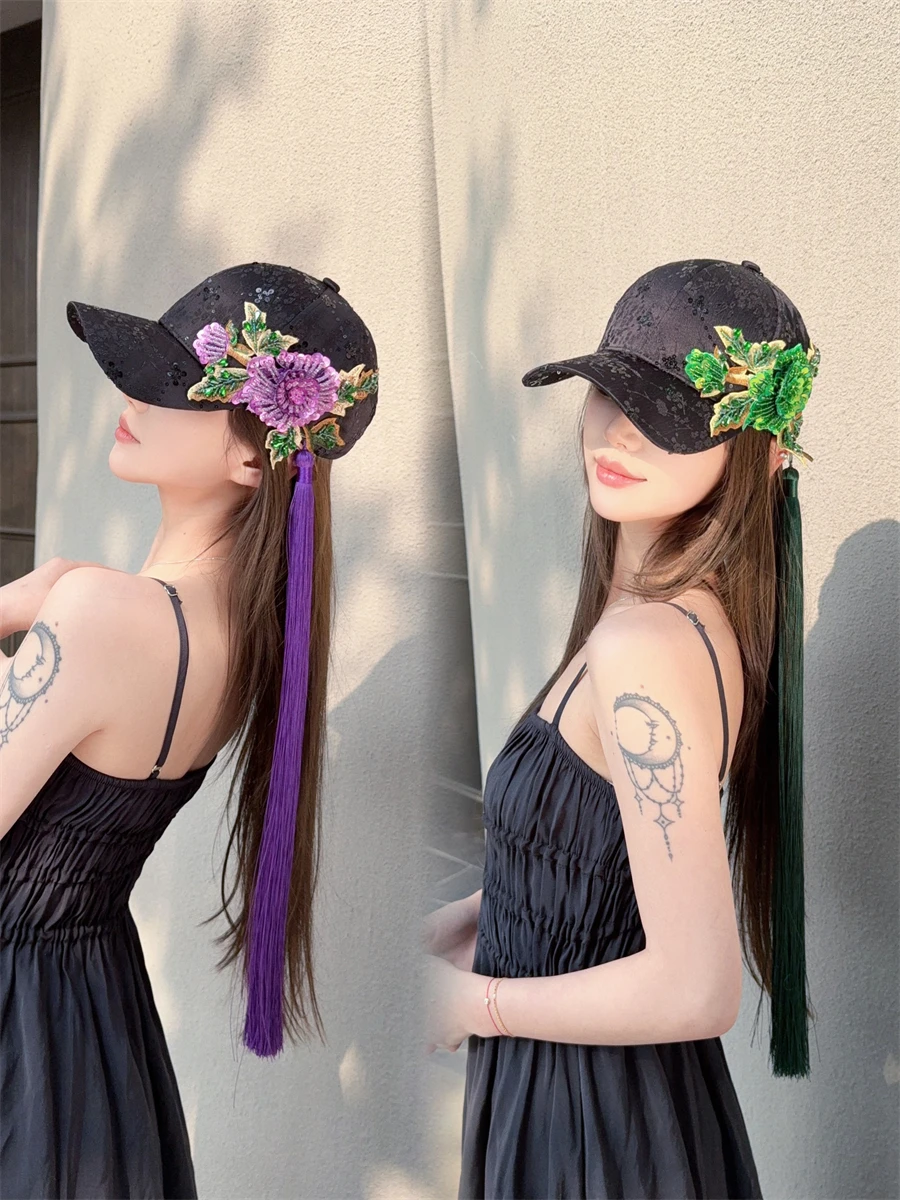 elegant-chinese-classical-embroidered-sequin-flower-tassel-high-crown-duckbill-cap-original-design-fashionable-summer-hat