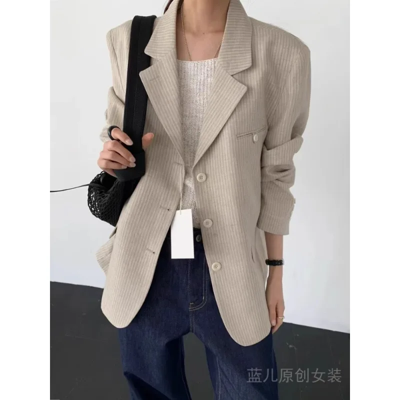 SuperAen Traje vintage a rayas para mujer Verano 2025 Algodón y lino Protección solar Abrigo suelto informal a medida