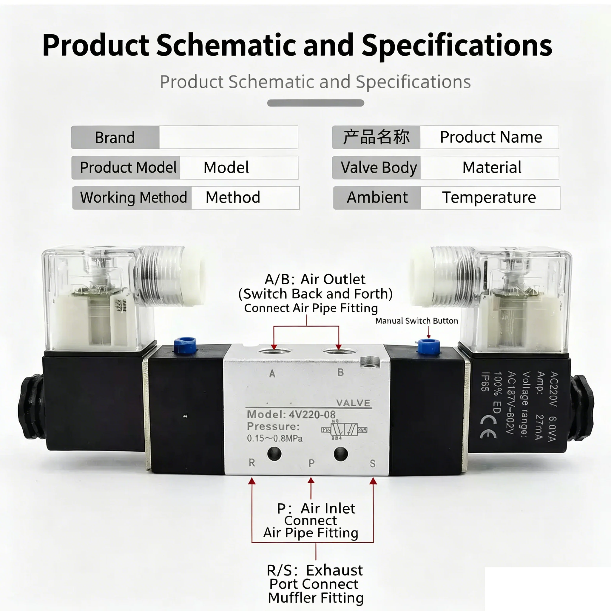 High Quality Solenoid Valve 220V Pneumatic 4V220-08 Air 5 Way 2 Position 1/4&quot Coil Alloy Internal DC 12V  DC 24V AC110V