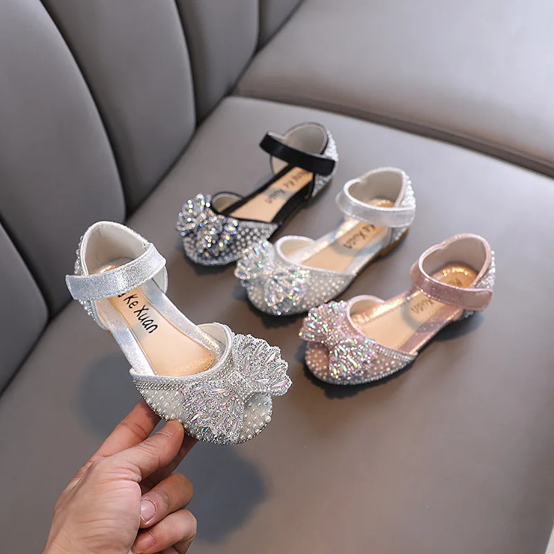 Little Girl Sequin Sandals Summer New Rhinestone Bow Princess Sandals Fashion Bling Kids Wedding Soft Flat Sandals Size 21-36