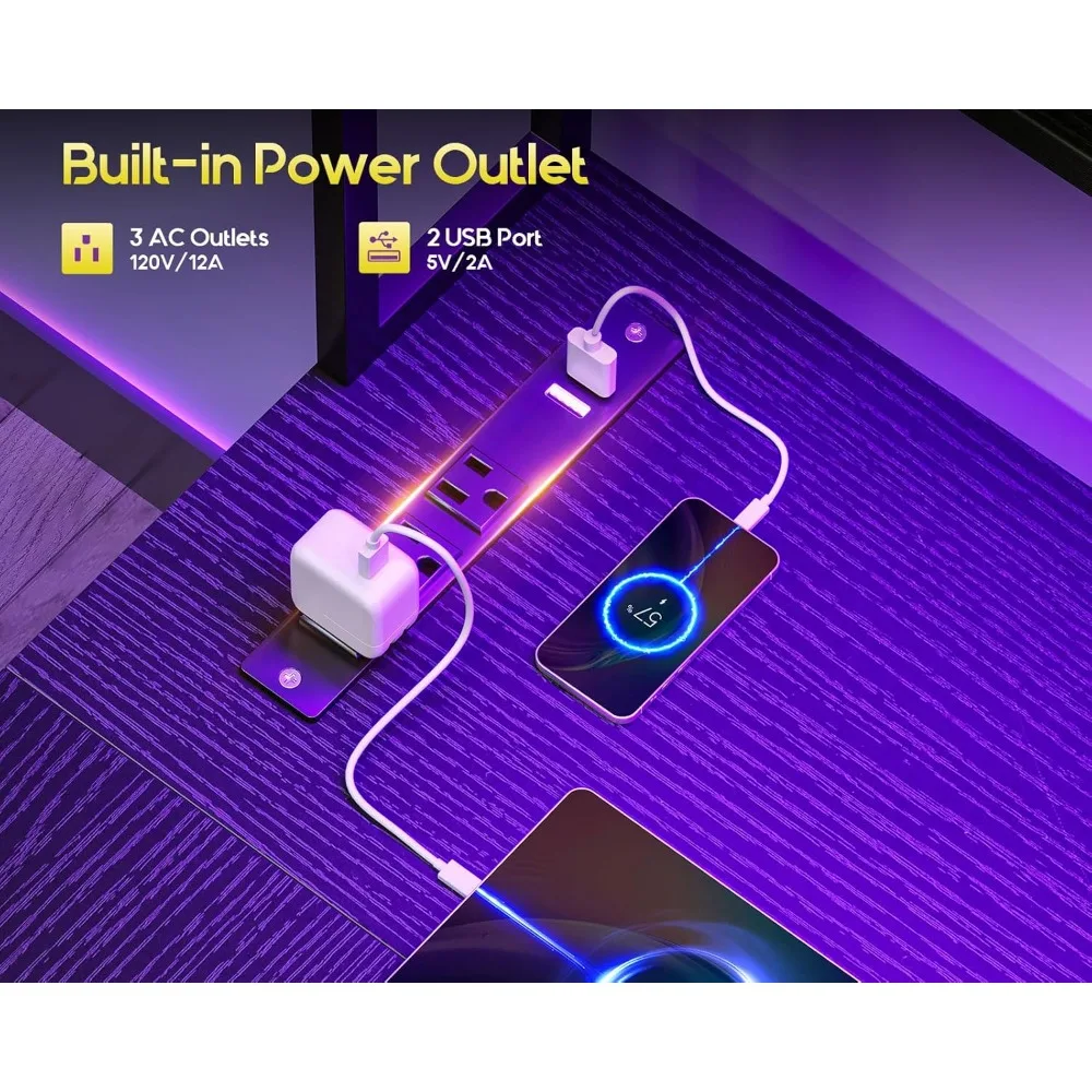 مكتب على شكل حرف L مقاس 59 بوصة مع 4 أدراج، مكتب ألعاب مع أضواء LED ومنافذ طاقة، مكتب كمبيوتر مع لوحة بيجبورد ولوحة مفاتيح T #6